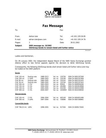 Fax Message - SIX Swiss Exchange