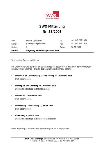 Regelung der Feiertage an der SWX - SIX Swiss Exchange