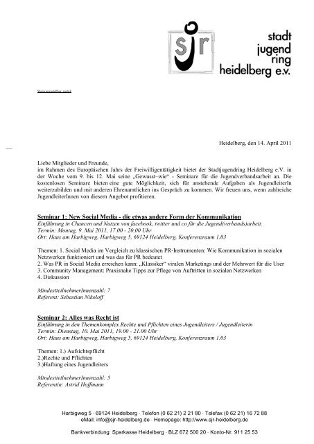 2011_Infoschreiben_Seminare - Stadtjugendring Heidelberg