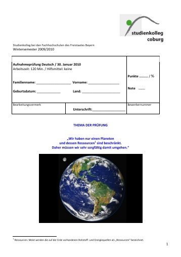 1 Wintersemester 2009/2010 Aufnahmeprüfung ... - Studienkolleg