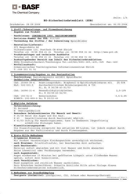 Sicherheitsdatenblatt Basf Concresive 1850 Ka Te Pmo Ag