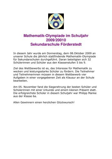 Mathematik-Olympiade im Schuljahr 2009/20010 Sekundarschule ...