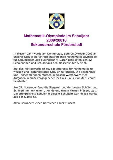 Mathematik-Olympiade im Schuljahr 2009/20010 Sekundarschule ...