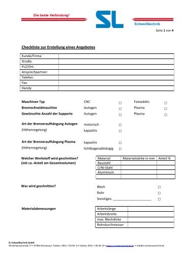 Checkliste zur Erstellung eines Angebotes - SL Schweißtechnik GmbH