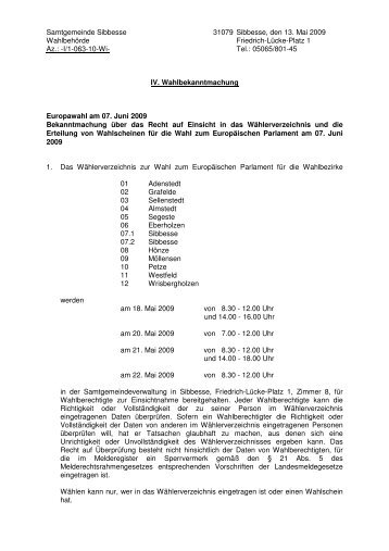 4. Wahlbekanntmachung vom 13.05.2009 - Samtgemeinde Sibbesse