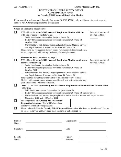 Field Safety Notice Confirmation Form - Smiths Medical