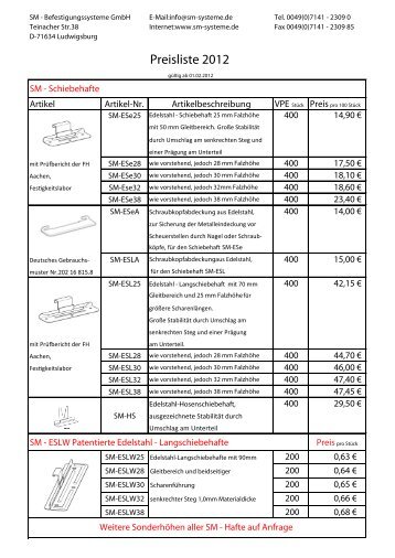 die aktuelle Preisliste - sm systeme