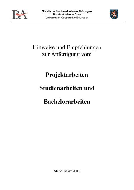 Hinweise und Empfehlungen zur Anfertigung von Projektarbeiten ...