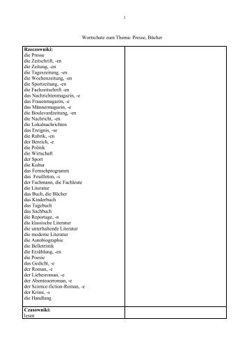 Wortschatz zum Thema: Presse, Bücher Rzeczowniki: die ... - SJO PWr