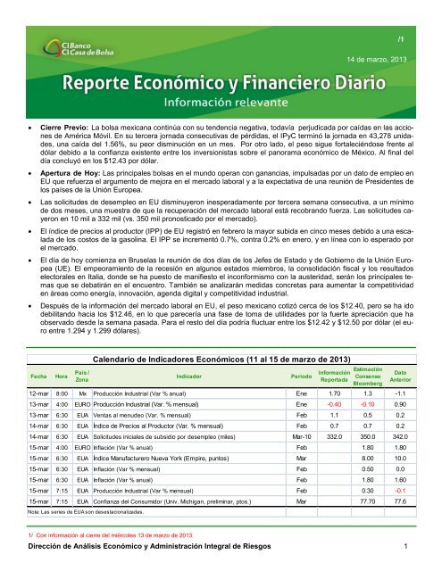 Calendario de Indicadores Económicos (11 al 15 de marzo de 2013)