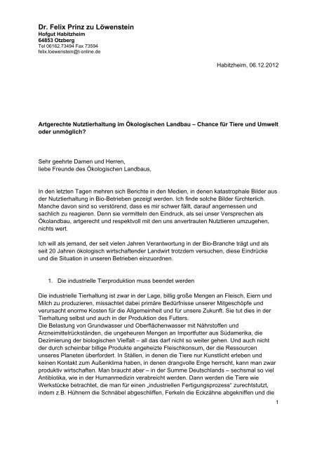 Offener Brief von Dr. Felix Prinz zu LÃ¶wenstein