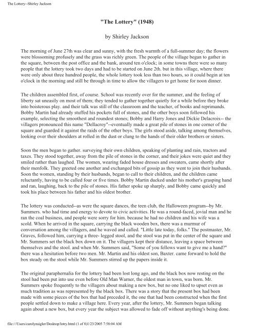 the lottery 1948 by shirley jackson the lottery 1948 by shirley jackson