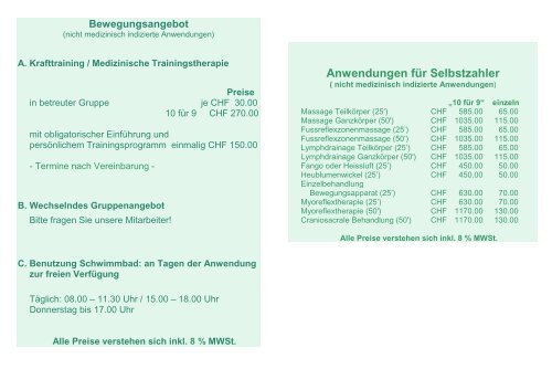 Anwendungen für Selbstzahler - Klinik Schloss Mammern