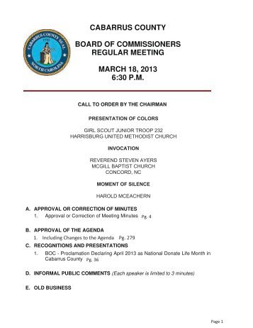 CABARRUS COUNTY BOARD OF COMMISSIONERS REGULAR MEETING MARCH 18, 2013 6:30 P.M.