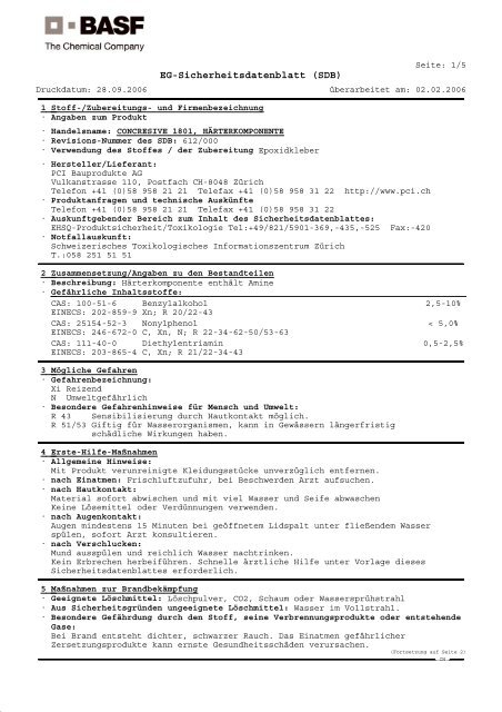 Sicherheitsdatenblatt BASF ® CONCRESIVE 1801 - KA-TE PMO AG