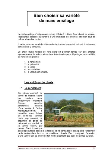 Bien choisir sa variété de maïs ensilage - Centre de formation en ...