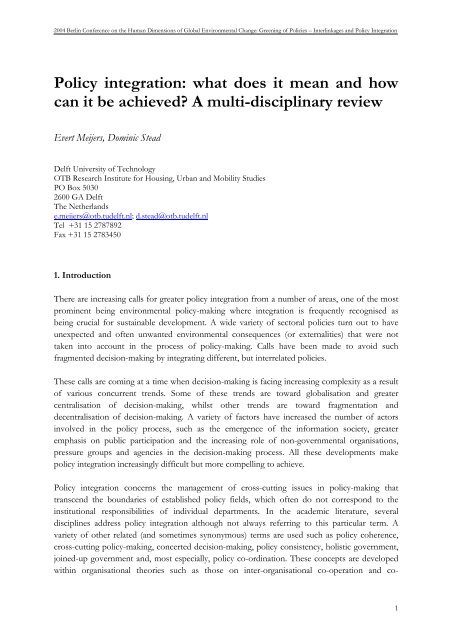 Policy integration: what does it mean and how can it be achieved? A ... Policy integration: what does it mean and how can it be achieved? A ...