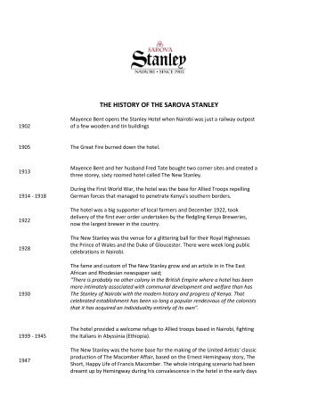 THE HISTORY OF THE SAROVA STANLEY - Sarova Hotels