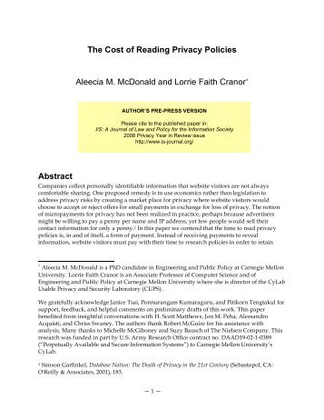 The Cost of Reading Privacy Policies - Lorrie Faith Cranor