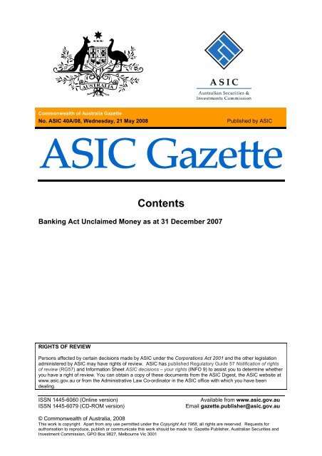 Banking Act Unclaimed Money as at 31 December 2007 - Australian