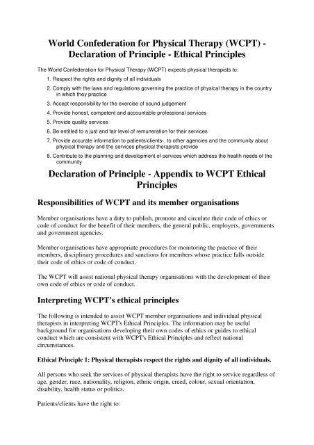 WCPT) Declaration of Principle - Ethical Principles