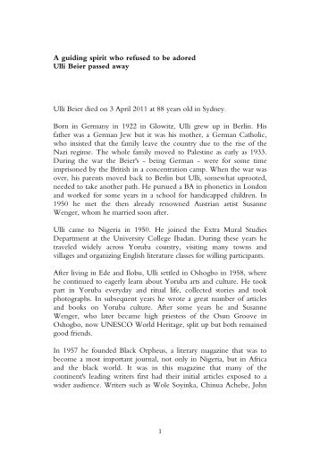 A guiding spirit who refused to be adored Ulli Beier ... - Thorolf Lipp