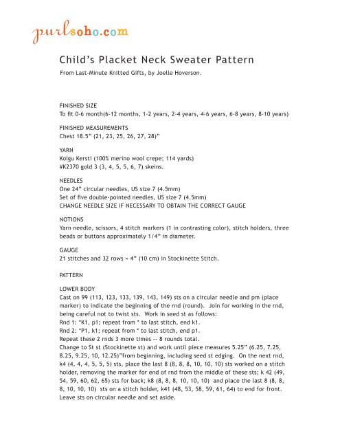 Child's Placket Neck Sweater Pattern - Purl Soho