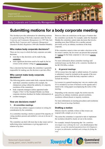 Submitting motions for a body corporate meeting - Department of ...