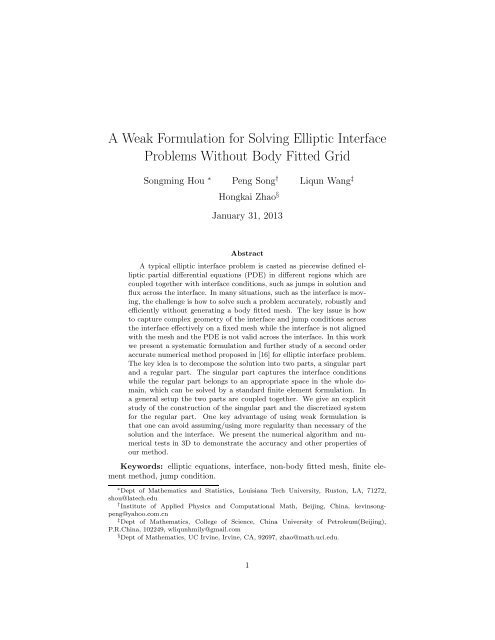 A Weak Formulation for Solving Elliptic Interface Problems Without ...
