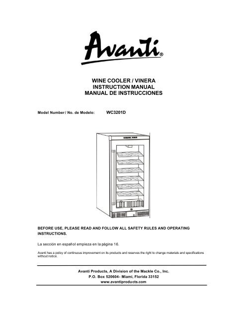 Wine Cooler Vinera Instruction Avanti Products