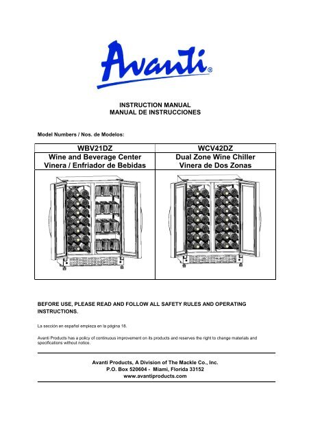 WBV21DZ WCV42DZ Wine and Beverage Center ... - Avanti Products