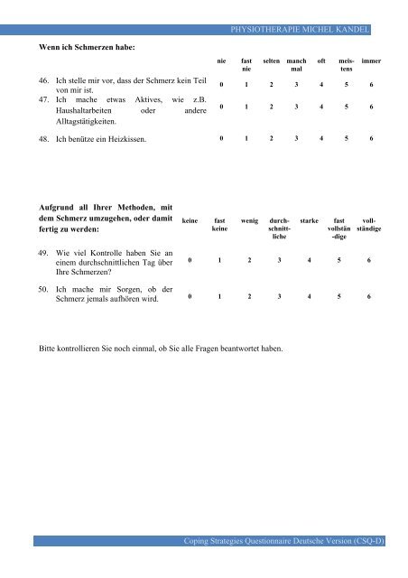 CSQ Coping Strategies Questionnaire - Physiotherapie Michel Kandel