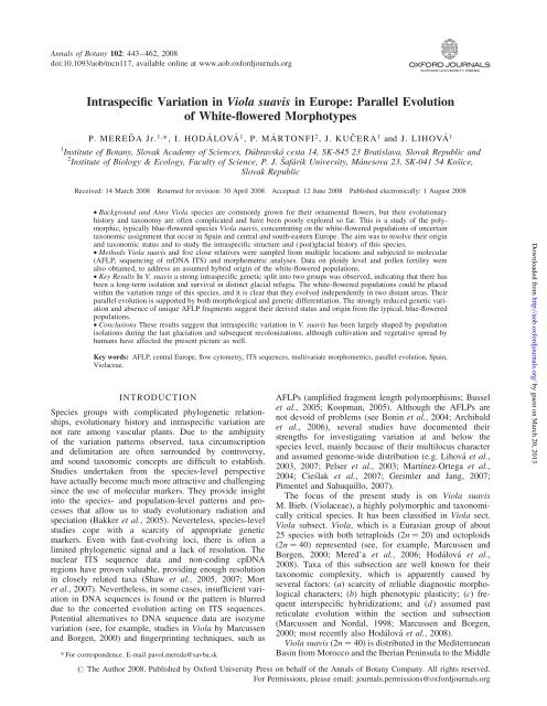 Intraspecific Variation in Viola suavis in Europe ... - Annals of Botany