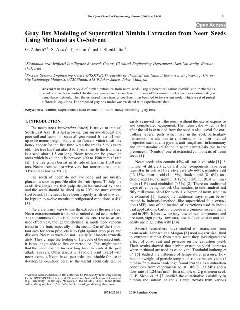 Gray Box Modeling Of Supercritical Nimbin Bentham Science