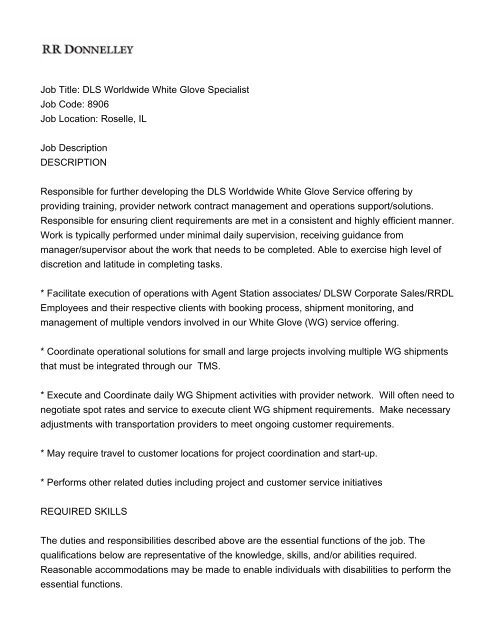 Job Title Dls Worldwide White Glove Specialist Job Code 8906