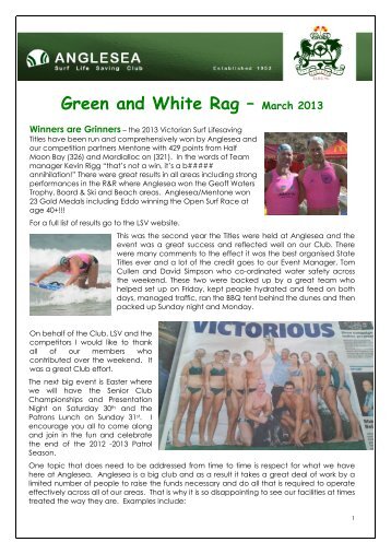 Green and White Rag – March 2013 - Anglesea Surf Life Saving Club