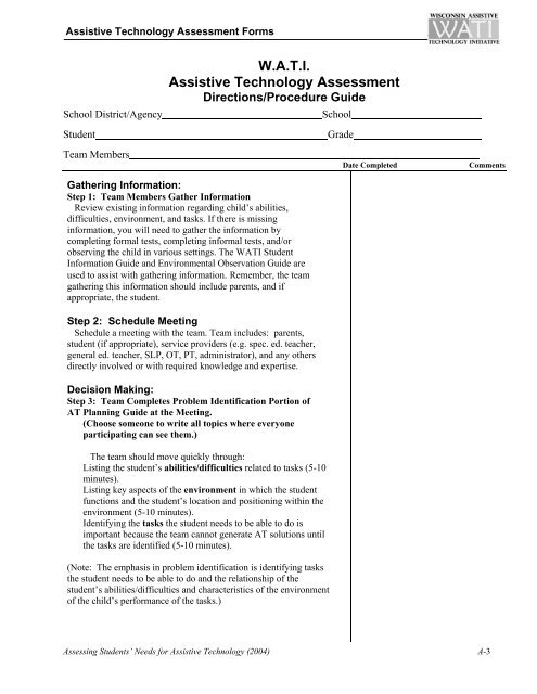 Assessing Student's Needs for Assistive Technology (ASNAT)
