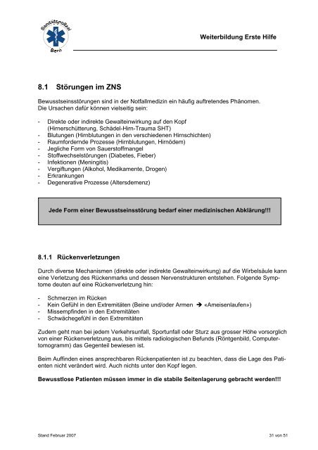 Schulungsunterlagen Erste Hilfe - Jegenstorf