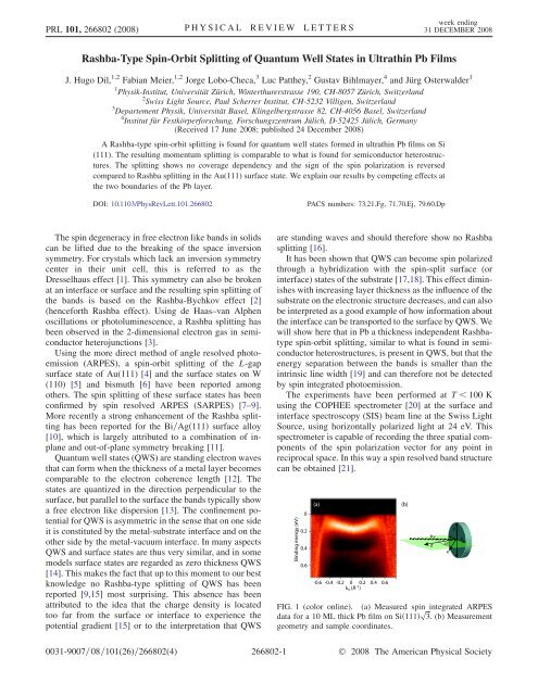 Rashba Type Spin Orbit Splitting Of Quantum Well Physik Institut