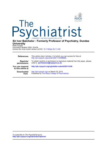 Sir Ivor Batchelor Formerly Professor of Psychiatry ... - The Psychiatrist