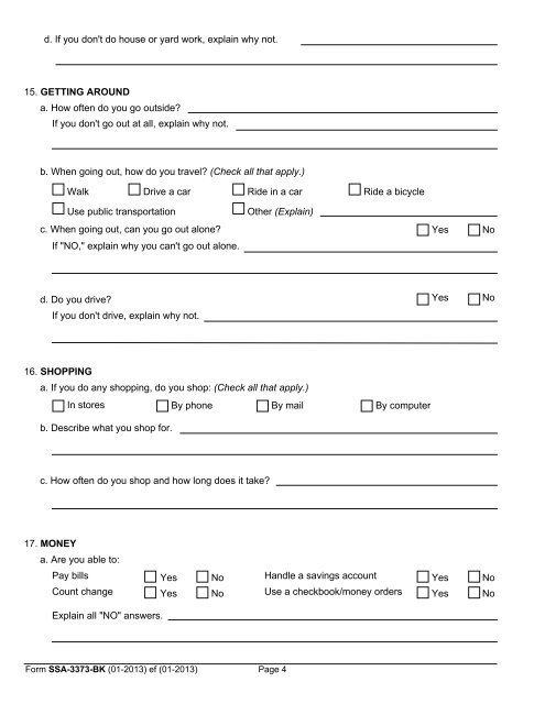 FUNCTION REPORT - ADULT - Form SSA-3373-BK - Social Security