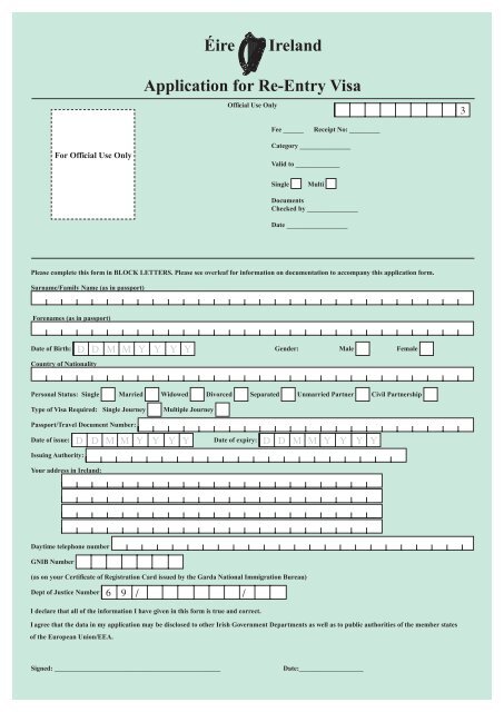 Re Entry Visa Application Form - Irish Naturalisation and ...