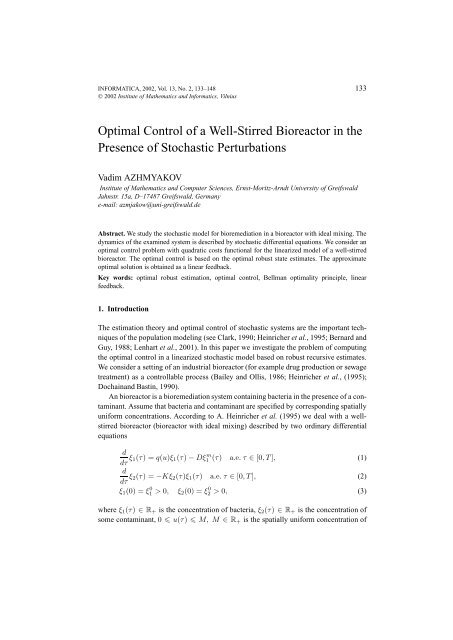 Optimal Control of a Well-Stirred Bioreactor in the Presence of ...