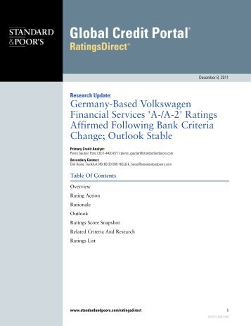 Germany-Based Volkswagen Financial Services 'A-/A-2' Ratings ...