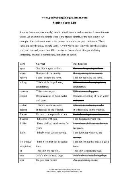 Stative verbs list (PDF) - Perfect English Grammar