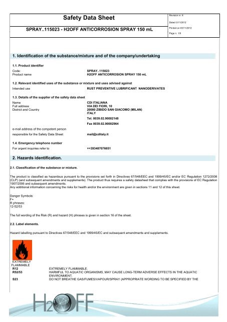 SAFETY DATA SHEET Spray H2OFF Anticorrosion 210ml