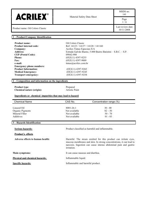 ficha de informações de segurança de produtos químicos ... - Acrilex