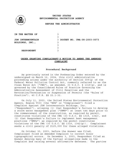 Order Granting Complainant S Motion To Amend The Amended Order Granting Complainant S Motion To Amend The Amended