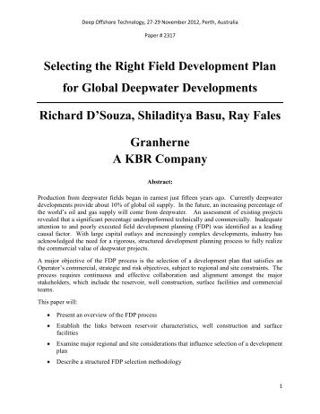 Selecting the Right Field Development Plan for Global - KBR