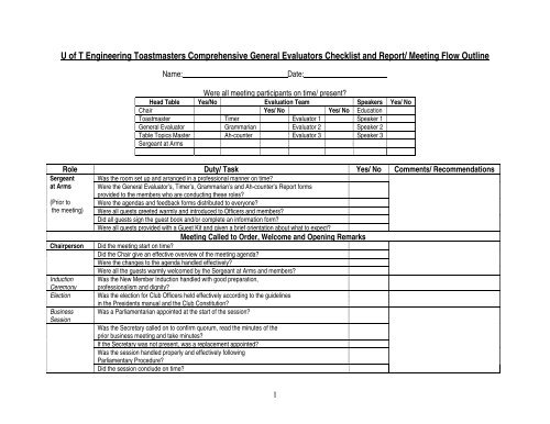 Comprehensive General Evaluators Checklist and Report/ Meeting ...